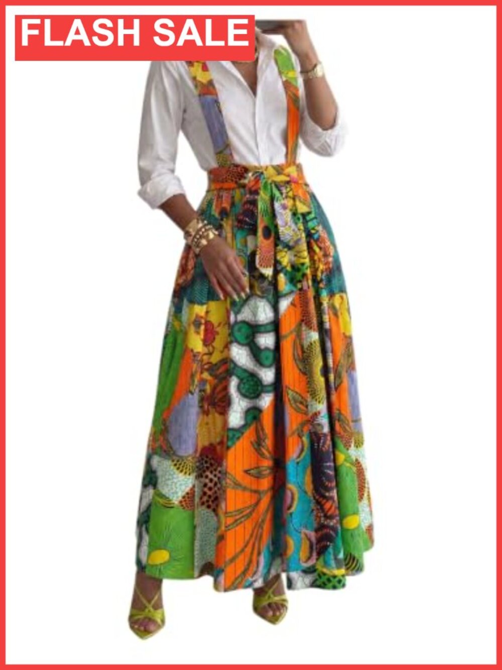 Tropical Print Tie Front A-Line Suspender Skirt Relaxed Flowy Vacation